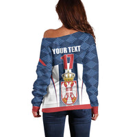 Custom Serbia Basketball Champions Off Shoulder Sweater Sporty Style with Coat of Arms