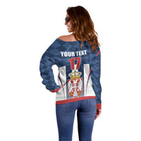 Custom Serbia Basketball Champions Off Shoulder Sweater Sporty Style with Coat of Arms