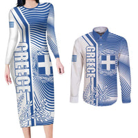 Personalized Greece Coat of Arms Couples Matching Long Sleeve Bodycon Dress and Long Sleeve Button Shirt Greek cross and Two Laurel Branches