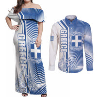 Personalized Greece Coat of Arms Couples Matching Off Shoulder Maxi Dress and Long Sleeve Button Shirt Greek cross and Two Laurel Branches