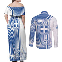 Personalized Greece Coat of Arms Couples Matching Off Shoulder Maxi Dress and Long Sleeve Button Shirt Greek cross and Two Laurel Branches