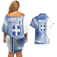 Personalized Greece Coat of Arms Couples Matching Off Shoulder Short Dress and Hawaiian Shirt Greek cross and Two Laurel Branches