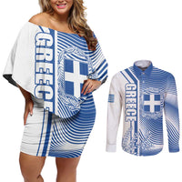Personalized Greece Coat of Arms Couples Matching Off Shoulder Short Dress and Long Sleeve Button Shirt Greek cross and Two Laurel Branches