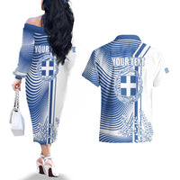 Personalized Greece Coat of Arms Couples Matching Off The Shoulder Long Sleeve Dress and Hawaiian Shirt Greek cross and Two Laurel Branches