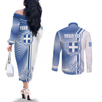 Personalized Greece Coat of Arms Couples Matching Off The Shoulder Long Sleeve Dress and Long Sleeve Button Shirt Greek cross and Two Laurel Branches