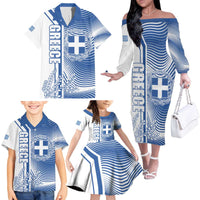 Personalized Greece Coat of Arms Family Matching Off The Shoulder Long Sleeve Dress and Hawaiian Shirt Greek cross and Two Laurel Branches