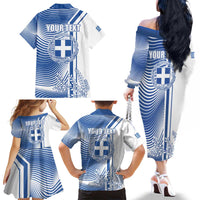 Personalized Greece Coat of Arms Family Matching Off The Shoulder Long Sleeve Dress and Hawaiian Shirt Greek cross and Two Laurel Branches