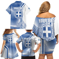 Personalized Greece Coat of Arms Family Matching Off Shoulder Short Dress and Hawaiian Shirt Greek cross and Two Laurel Branches