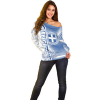 Personalized Greece Coat of Arms Off Shoulder Sweater Greek cross and Two Laurel Branches