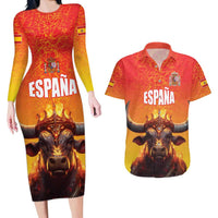 Personalized Spain Bull with Crown Couples Matching Long Sleeve Bodycon Dress and Hawaiian Shirt Espana Flag with Coat of Arms