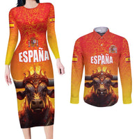 Personalized Spain Bull with Crown Couples Matching Long Sleeve Bodycon Dress and Long Sleeve Button Shirt Espana Flag with Coat of Arms
