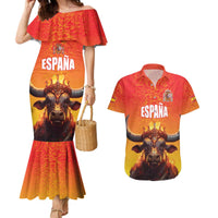 Personalized Spain Bull with Crown Couples Matching Mermaid Dress and Hawaiian Shirt Espana Flag with Coat of Arms