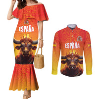 Personalized Spain Bull with Crown Couples Matching Mermaid Dress and Long Sleeve Button Shirt Espana Flag with Coat of Arms