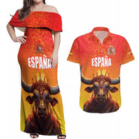 Personalized Spain Bull with Crown Couples Matching Off Shoulder Maxi Dress and Hawaiian Shirt Espana Flag with Coat of Arms