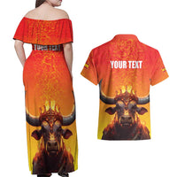 Personalized Spain Bull with Crown Couples Matching Off Shoulder Maxi Dress and Hawaiian Shirt Espana Flag with Coat of Arms