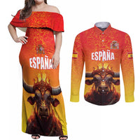 Personalized Spain Bull with Crown Couples Matching Off Shoulder Maxi Dress and Long Sleeve Button Shirt Espana Flag with Coat of Arms