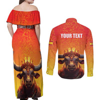 Personalized Spain Bull with Crown Couples Matching Off Shoulder Maxi Dress and Long Sleeve Button Shirt Espana Flag with Coat of Arms
