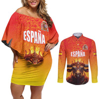 Personalized Spain Bull with Crown Couples Matching Off Shoulder Short Dress and Long Sleeve Button Shirt Espana Flag with Coat of Arms