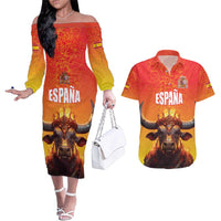 Personalized Spain Bull with Crown Couples Matching Off The Shoulder Long Sleeve Dress and Hawaiian Shirt Espana Flag with Coat of Arms