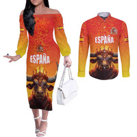 Personalized Spain Bull with Crown Couples Matching Off The Shoulder Long Sleeve Dress and Long Sleeve Button Shirt Espana Flag with Coat of Arms