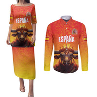 Personalized Spain Bull with Crown Couples Matching Puletasi and Long Sleeve Button Shirt Espana Flag with Coat of Arms