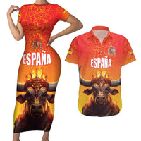 Personalized Spain Bull with Crown Couples Matching Short Sleeve Bodycon Dress and Hawaiian Shirt Espana Flag with Coat of Arms
