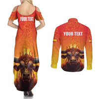 Personalized Spain Bull with Crown Couples Matching Summer Maxi Dress and Long Sleeve Button Shirt Espana Flag with Coat of Arms