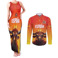 Personalized Spain Bull with Crown Couples Matching Tank Maxi Dress and Long Sleeve Button Shirt Espana Flag with Coat of Arms