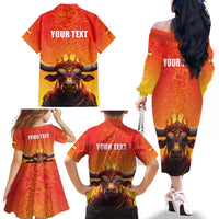 Personalized Spain Bull with Crown Family Matching Off The Shoulder Long Sleeve Dress and Hawaiian Shirt Espana Flag with Coat of Arms