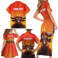 Personalized Spain Bull with Crown Family Matching Short Sleeve Bodycon Dress and Hawaiian Shirt Espana Flag with Coat of Arms