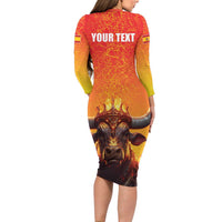 Personalized Spain Bull with Crown Long Sleeve Bodycon Dress Espana Flag with Coat of Arms