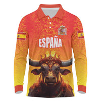 Personalized Spain Bull with Crown Long Sleeve Polo Shirt Espana Flag with Coat of Arms