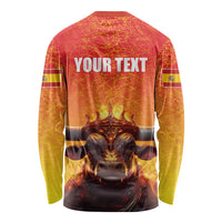 Personalized Spain Bull with Crown Long Sleeve Shirt Espana Flag with Coat of Arms