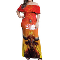 Personalized Spain Bull with Crown Off Shoulder Maxi Dress Espana Flag with Coat of Arms