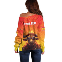 Personalized Spain Bull with Crown Off Shoulder Sweater Espana Flag with Coat of Arms