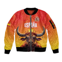 Personalized Spain Bull with Crown Sleeve Zip Bomber Jacket Espana Flag with Coat of Arms