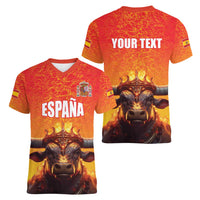 Personalized Spain Bull with Crown Women V-Neck T-Shirt Espana Flag with Coat of Arms
