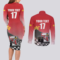Custom Spain Formula One Couples Matching Long Sleeve Bodycon Dress and Long Sleeve Button Shirt Motorsport with Flag F1 World Championship