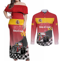 Custom Spain Formula One Couples Matching Off Shoulder Maxi Dress and Long Sleeve Button Shirt Motorsport with Flag F1 World Championship