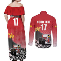 Custom Spain Formula One Couples Matching Off Shoulder Maxi Dress and Long Sleeve Button Shirt Motorsport with Flag F1 World Championship