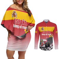 Custom Spain Formula One Couples Matching Off Shoulder Short Dress and Long Sleeve Button Shirt Motorsport with Flag F1 World Championship