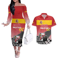 Custom Spain Formula One Couples Matching Off The Shoulder Long Sleeve Dress and Hawaiian Shirt Motorsport with Flag F1 World Championship