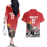 Custom Spain Formula One Couples Matching Off The Shoulder Long Sleeve Dress and Hawaiian Shirt Motorsport with Flag F1 World Championship