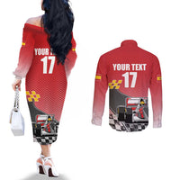 Custom Spain Formula One Couples Matching Off The Shoulder Long Sleeve Dress and Long Sleeve Button Shirt Motorsport with Flag F1 World Championship