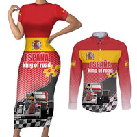 Custom Spain Formula One Couples Matching Short Sleeve Bodycon Dress and Long Sleeve Button Shirt Motorsport with Flag F1 World Championship