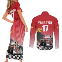 Custom Spain Formula One Couples Matching Short Sleeve Bodycon Dress and Long Sleeve Button Shirt Motorsport with Flag F1 World Championship