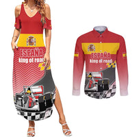 Custom Spain Formula One Couples Matching Summer Maxi Dress and Long Sleeve Button Shirt Motorsport with Flag F1 World Championship