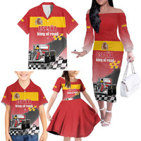 Custom Spain Formula One Family Matching Off The Shoulder Long Sleeve Dress and Hawaiian Shirt Motorsport with Flag F1 World Championship