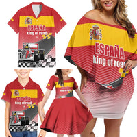 Custom Spain Formula One Family Matching Off Shoulder Short Dress and Hawaiian Shirt Motorsport with Flag F1 World Championship