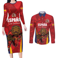 Custom Espana Rugby Spain Couples Matching Long Sleeve Bodycon Dress and Long Sleeve Button Shirt Lion Mascot Come on Los Leones Red Style
